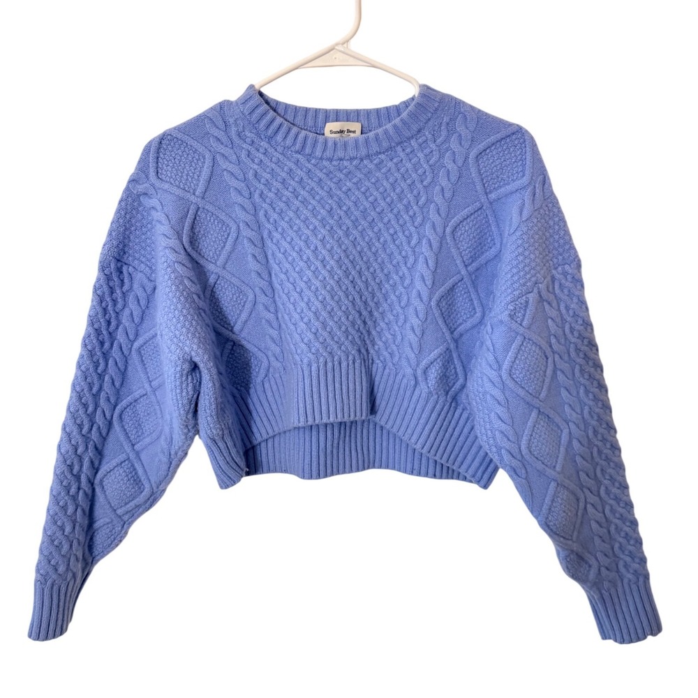 Aritzia SUNDAY BEST Blue Chunky Cropped Preppy Cable Wool Blend Sweater SMALL